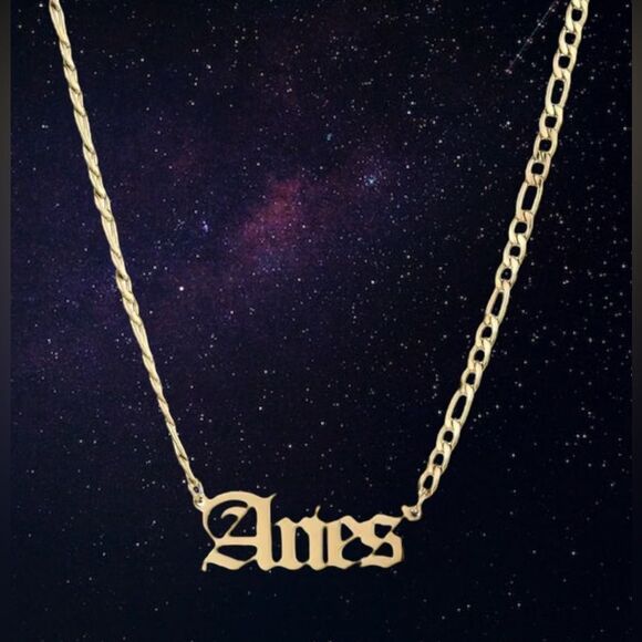 ⭐️Aries Zodiac Nameplate 14k Gold Figaro Chain Necklace 🌙 - Picture 1 of 14